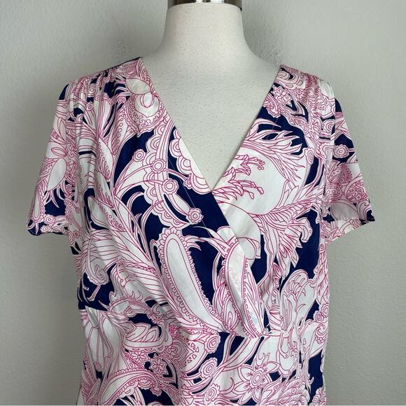 Talbots Navy White Pink Floral Faux Wrap Silk Blend Top 14W - Picture 3 of 9